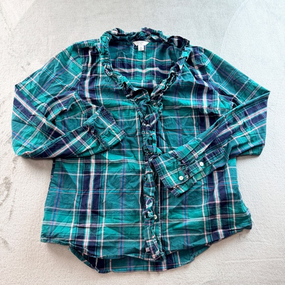 crown & ivy Tops - Crown & Ivy Women's Medium Ruffle Front Plaid Button Down Top Green Navy Pink